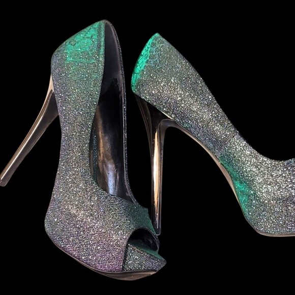 Carlos Bel Aire Platino Platform Green, Purple, and Gold Holographic 6" Peek Toe - Picture 2 of 7